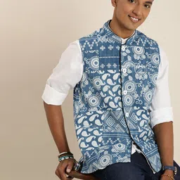 Taavi Men Pure Cotton Ethnic Printed Indigo Nehru Jacket-65