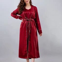 Pretty Loving Thing Maroon Satin Solid Nighty With Robe-image-2