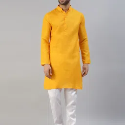 MENGARY Men Mustard Yellow Solid Cotton Straight Kurta with Pyjamas-picture-7