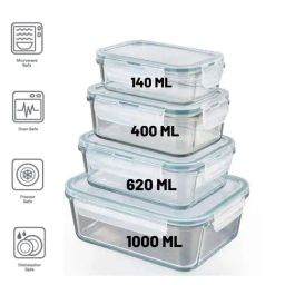 Femora Glass Rectangular Storage Container with Lid (140 ml, 400 ml, 620 ml & 1000 ml) - Set of 4-7
