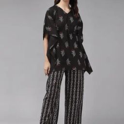 YASH GALLERY Black Cotton Printed Kaftan Pyjama Set-image-60