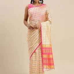 Blissta Beige Cotton Silk Chequered Saree With Unstitched Blouse-picture-43