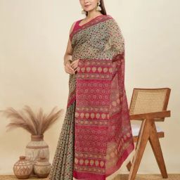SHANVIKA Beige Pure Cotton Floral Saare image 3