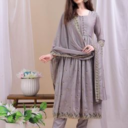 KALINI Floral Embroidered Round Neck Zari Anarkali Kurta With Trousers & Dupatta-image-75