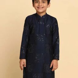 KISAH Kids Navy Cotton Embroidered Full Sleeves Kurta-image-30