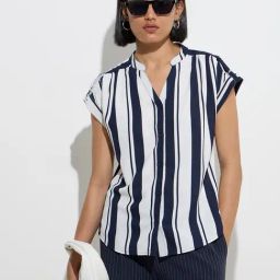 Wardrobe by Westside Navy Stripe Printed Shirt-7