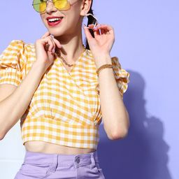 plusS Women Yellow & White Summer Checks Wrap Style Crop Top-picture-35