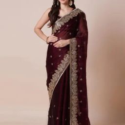 Saree Mall Maroon Organza Embroidery Saree with Blouse Piece-picture-10