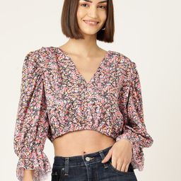 Sleek Italia Floral Print Puff Sleeves Crepe Crop Top-image-33