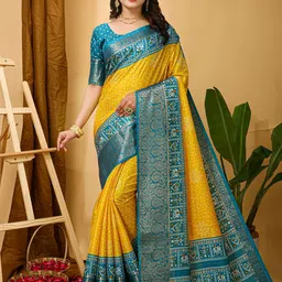 HERE&NOW Bandhani Zari Silk Cotton Kanjeevaram Saree-image-40