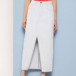 Chemistry Pure Cotton Denim Straight Maxi Skirt with Front Slit-image-42