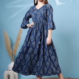 SZN Women Blue Ethnic Motifs Printed Round Neck Cotton Flared Dress-picture-12