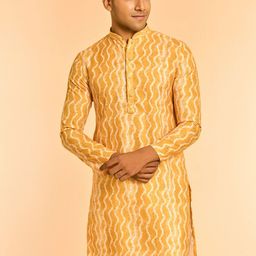 Diwas by Manyavar Chevron Printed Sequinned Mandarin Collar Art Silk Kurta-image-96