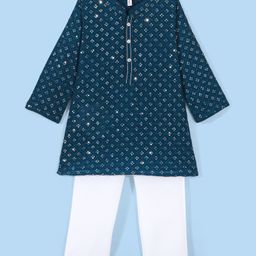 Babyhug Full Sleeves  Sequenced Embroidered Kurta & Pyjama Set  - Teal Blue-picture-26