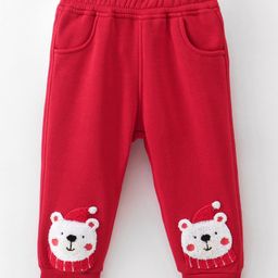 Little Kangaroos Full Length Fleece & Wollen Pant with Bear Applique - Red-image-97