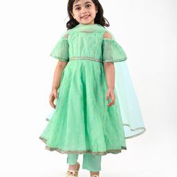 Babyhug  Cold Shoulder Sleeves Embroidered Kurti & Salwar with  Dupatta - Mint-image-32