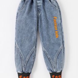 Kookie Kids Full Length Text Embroidered with Cut & Sew Pattern Denim Jeans - Blue-image-71