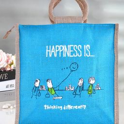Kuber Industries Grocery Bag  Jute Carry Bag  Lunch Bags for Office  Zipper Grocery Bag with Handle  Vegetable Bag  Blue Happiness Shopping Bag  Medium  Brown-image-98