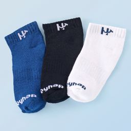 Honeyhap Premium Cotton Knit Ankle Length Text Design Socks Bamboo Spandex & Bio Finish Pack of 3 - White Black Blue-13