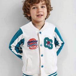 Babyhug Cotton Knit Full SleevesBomber Jacket with Text Embroidery - White & Teal Blue-image-42