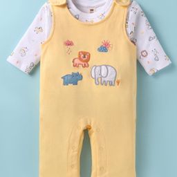 ToffyHouse Knitted Dungaree Style Romper & Full Sleeves Animal Printed T-Shirt with Animal Patch - White & Yellow-image-2