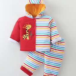 Cucumber Sinker Knit Full Sleeves Hoodie & Lounge Pants Set With Stripes & Animal Embroidery - Red-image-46