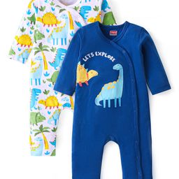 Babyhug 100% Cotton Knit Full Sleeves Romper with Dino Print Pack of 2 - Blue & White-image-87