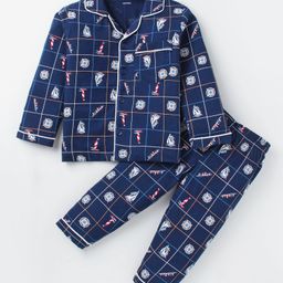 Cucmber Sinker Knit Full Sleeves Front Open Night Suit With Nautical Theme Print - Navy-image-37