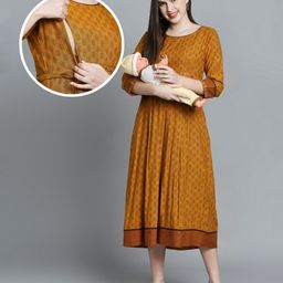 Dummy Shape Three Fourth Sleeves Ethnic Motifs Printed Maternity Flared Kurta With Attached Belt & Concealed Zipper Nursing Access - Mustard-picture-3