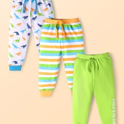 Babyhug Single Jersey Knit Full Length Lounge Pants with Strips & Dino Print Pack of 3 - Neon green Yellow & Blue-image-94
