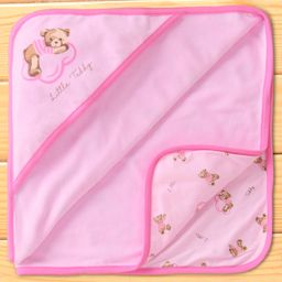 Pink Rabbit Velour Knit Hooded Wrapper with Teddy Bear Print L 76 x B 76 cm - Pink-picture-16