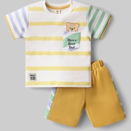 ToffyHouse Woven Half Sleeves Striped T-Shirt & Short Set With Bear Patch - Yellow & White-image-31