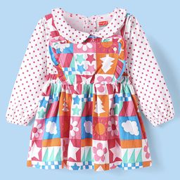 Babyhug Cotton Knit Printed Frock & Full Sleeves Inner Tee With Polka Dot Print & Peter Pan Collar - White-image-1