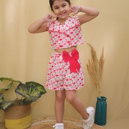 AJ Dezines Cotton Sleeveless Flamingo Printed & Bow Applique Detailed Top & Shorts Set - Red-image-13