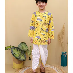 Superminis Cotton Full Sleeves Animals Printed Dhoti Kurta Set - Yellow & White-picture-18