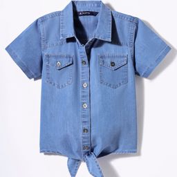 Pine Kids Cotton Woven Half Sleeves Solid Color Knotted Top - Light Blue-image-18
