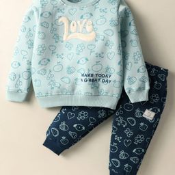 CUCUMBER Fleece Knit Full Sleeves Winter Wear Night Suit With Tropical Theme Print - Light Blue-image-26