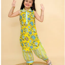 Titrit Cotton Woven Sleeveless Floral Printed Kurta & Afghani Salwar Set - Yellow-picture-17