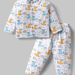 Doodle Poodle 100% Cotton Full Sleeves Front Open Helicopter Printed Co-Ords Night Suit - White-picture-6