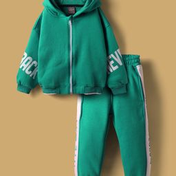 Little Kangaroos Woven Winter Wear Hooded Sweatshirt & Lounge Pant Set with Text Print - Green-picture-17