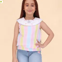 Cutecumber Woven Sleeveless Striped Butterfly Patch & Lace Detailed Top - Pink-picture-47