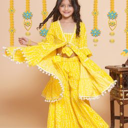 Bitiya By Bhama Cotton Woven Three Fourth Bell Sleeves Bandhani Designed Tassels Detailed Kurta Sharara Set - Yellow-image-16