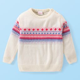 Babyhug Knitted Full Sleeves Aztec Designed Pullover Sweater Set - Off White image 2