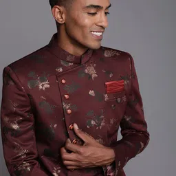 Manyavar Men Maroon & Beige Ethnic Motif Printed Sherwani and Patiala Set-image-34