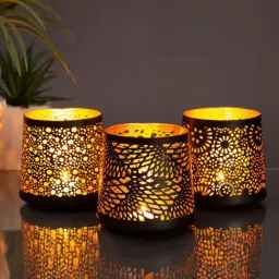 Home4U 'TASHULKA' Black & Golden Aluminium 12 cm Votive Candle Holder - Set of 3-image-23