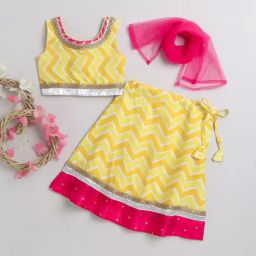 Many Frocks Kids Yellow & Pink Embellished Lehenga, Choli with Dupatta-image-61