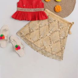 Many Frocks Kids Red & Beige Embellished Lehenga with Choli-image-69
