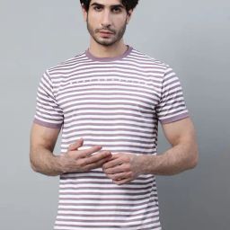 Cantabil Purple Poly Cotton Regular fit Stripes T-Shirt-image-2