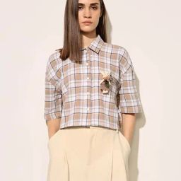 Only Beige Cotton Boxy Fit Checks Shirt-image-4