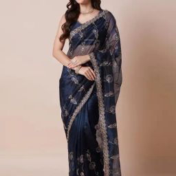 Saree Mall Navy Blue Net Embroidery Saree with Blouse Piece-image-85